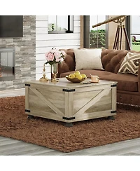 Wlive Farmhouse Coffee Table,Square Wood Coffee Table with Storage,Center Table for Living Room,Home Office,Grey Oak