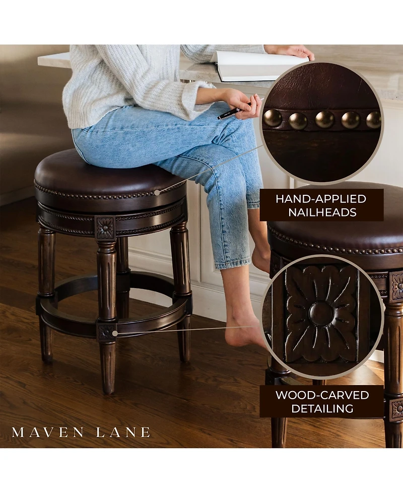 Maven Lane Pullman Backless Bar Stool in Dark Walnut Finish with Vintage Brown Leather, Set of 3