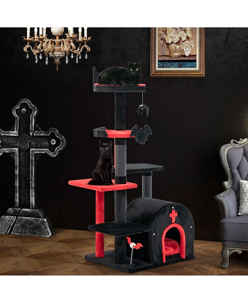 Gymax 6-Tier Gothic Cat Tree 53'' Tall Cat Tower w/ Cat Bed Arch-Shaped Condo Pompom