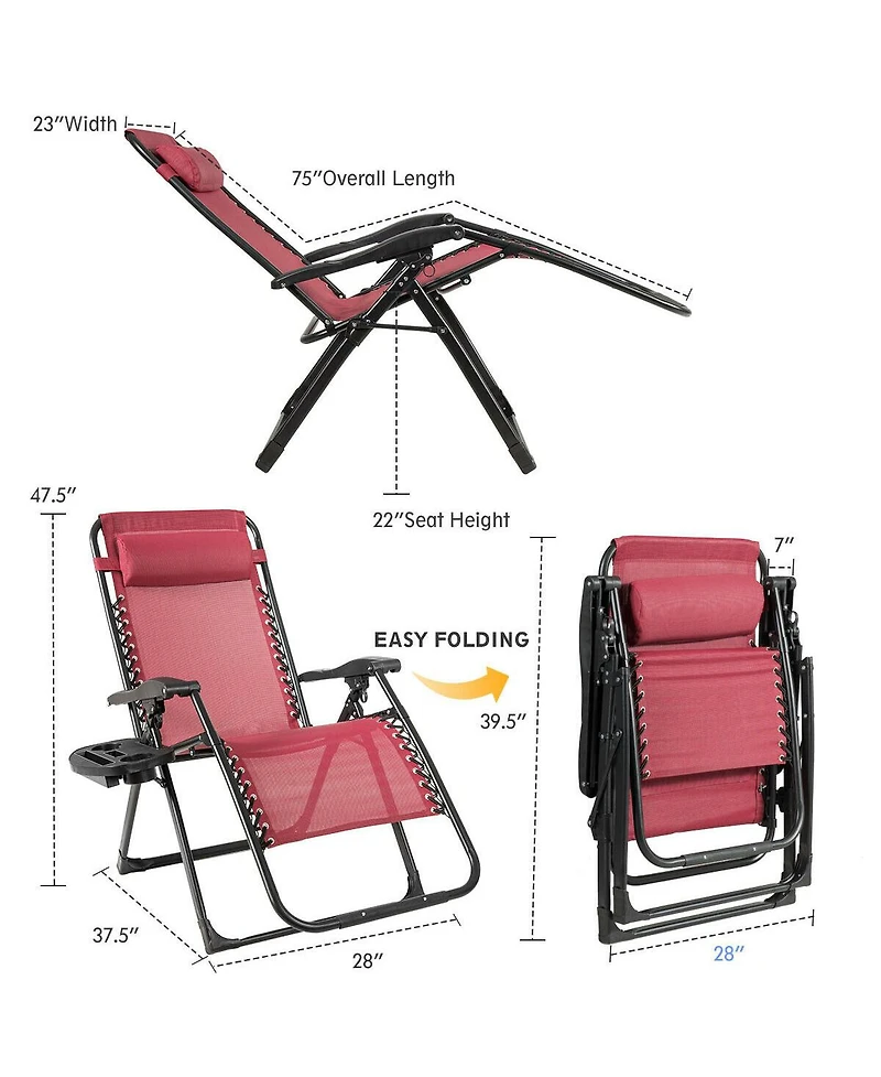 Gymax Folding Zero Gravity Lounge Chair Recliner w/ Cup Holder Tray Pillow