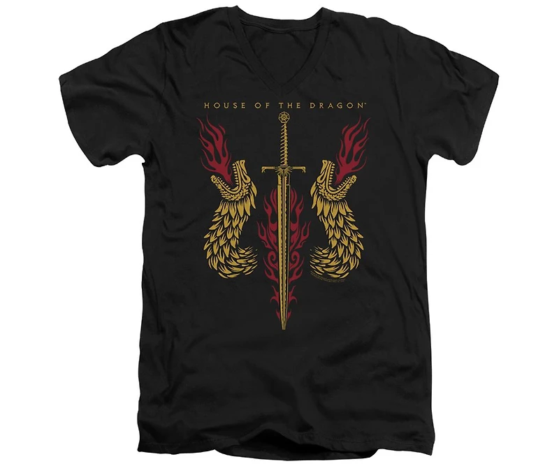 House Of The Dragon Men's Sword And Heads Short Sleeve Adult V Neck Premium Cotton Tee / T-Shirt