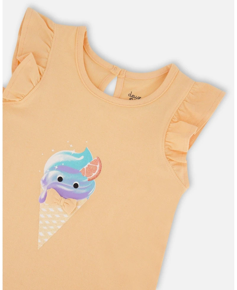 Deux par Deux Big Girls Organic Cotton Tunic With Frill And Print Light Orange And Ice Cream Cone