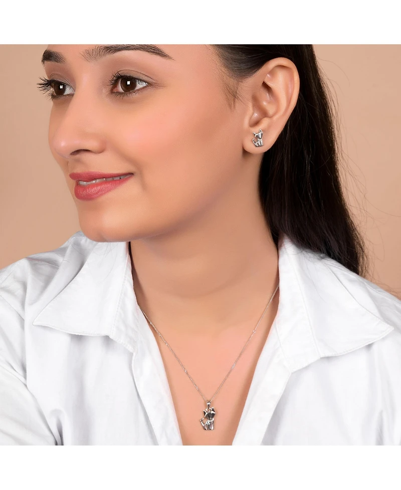 Bling Jewelry 3D Geometric Jewelry Set Origami Jewelry Animals Kitten Cat Stud Earrings & Pendant Necklace .925 Sterling Silver
