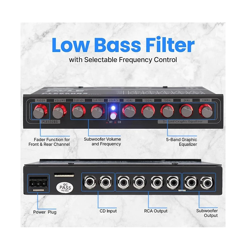 Pyle 5 Bands Graphic Equalizer with Subwoofer Control, Bluetooth
