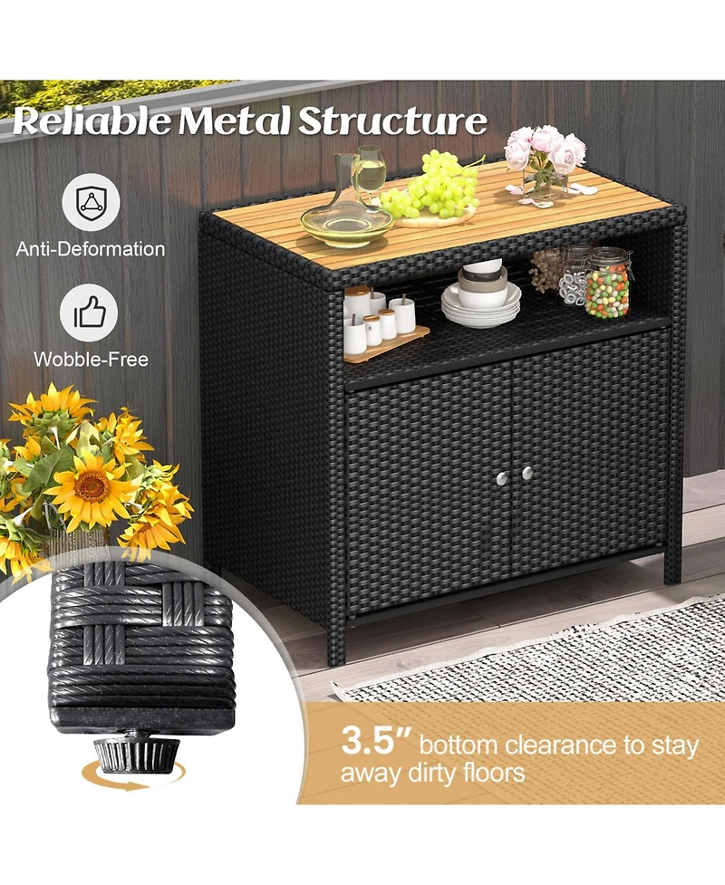 Gouun Rattan Storage Cabinet with Acacia Wood Countertop for Poolside Deck and Patio