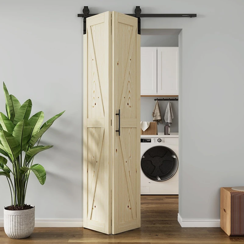 Solid Core Natural Wood Pine Bi-fold Door with Sliding Hardware Kit