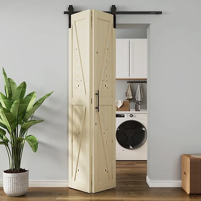 Solid Core Natural Wood Pine Bi-fold Door with Sliding Hardware Kit