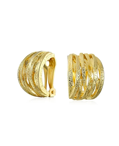 Bling Jewelry Fashion Open Criss Cross Basket Weave Wide Half Hoop Clip On Earrings For Non Pierced Ears Matte Gold Plated