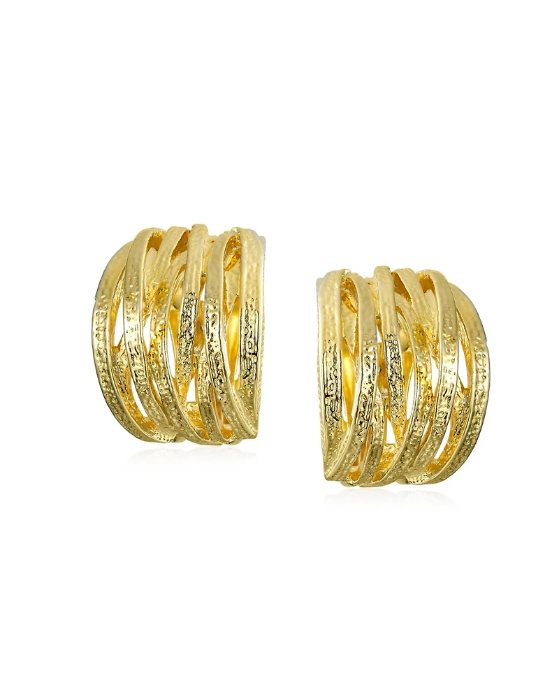 Bling Jewelry Fashion Open Criss Cross Basket Weave Wide Half Hoop Clip On Earrings For Non Pierced Ears Matte Gold Plated