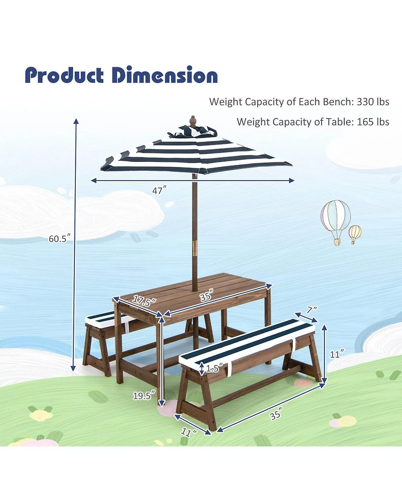Gouun Kids Picnic Table and Bench Set with Cushions and Height Adjustable Umbrella