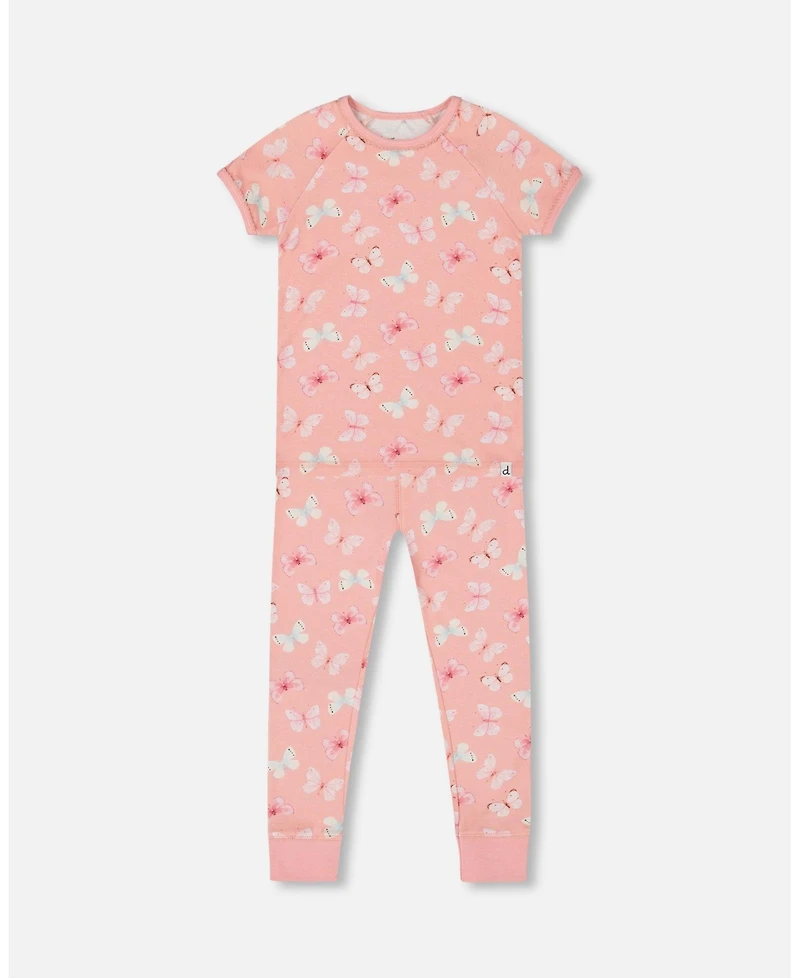 Girl Organic Cotton Short Sleeve Top And Pant Pajama Set Pink And Blue Butterflies On Old Pink - Child