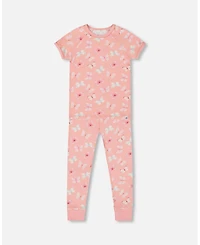 Girl Organic Cotton Short Sleeve Top And Pant Pajama Set Pink And Blue Butterflies On Old Pink - Child