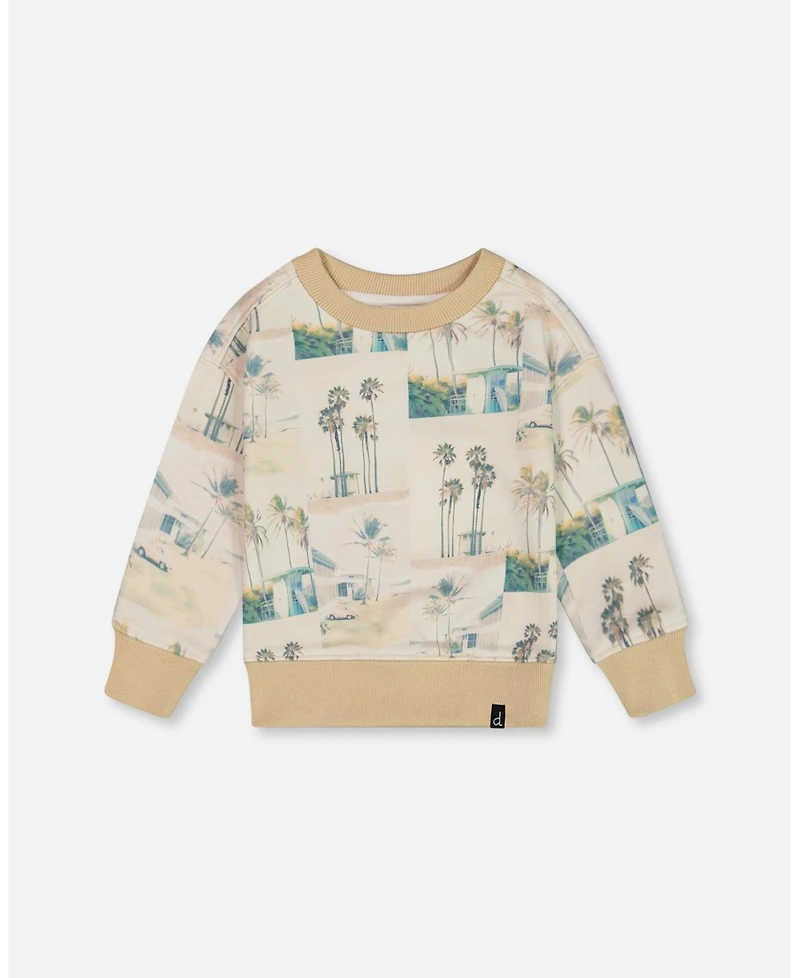 Deux par Deux Baby Boys Printed Pullover Sweatshirt Beige Palm Tree And Teal