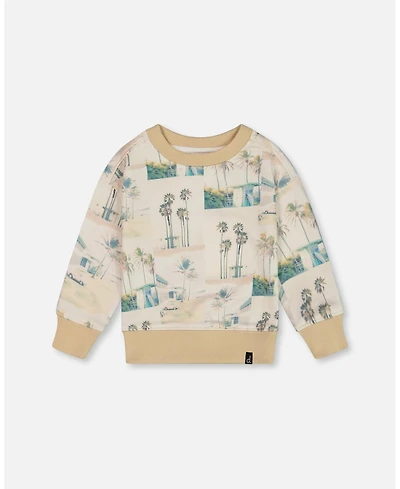 Deux par Baby Boys Printed Pullover Sweatshirt Beige Palm Tree And Teal