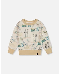 Deux par Deux Baby Boys Printed Pullover Sweatshirt Beige Palm Tree And Teal