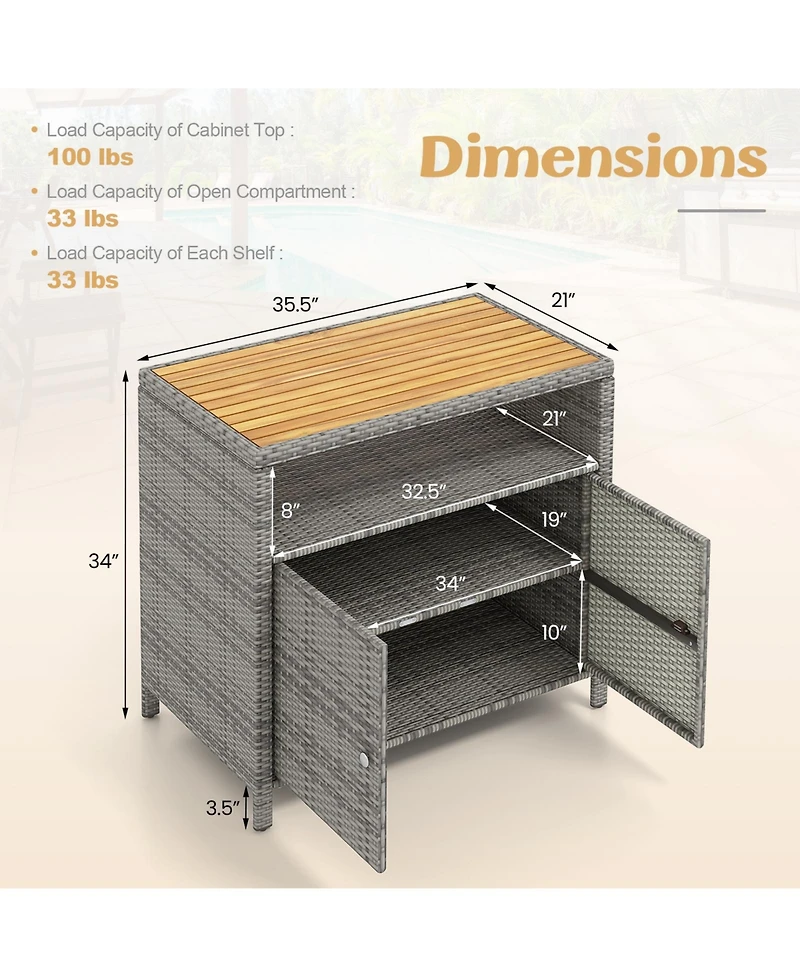 Gouun Rattan Storage Cabinet with Acacia Wood Countertop for Poolside Deck and Patio