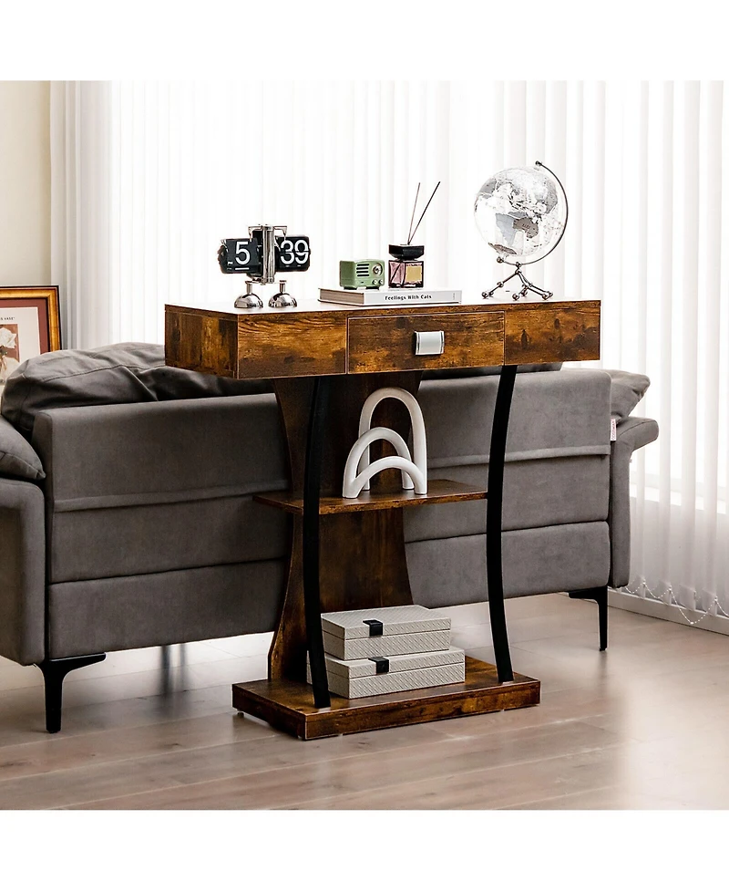 Gouun Console Table with Drawer and 2-Tier Shelves for Entryway Living Room
