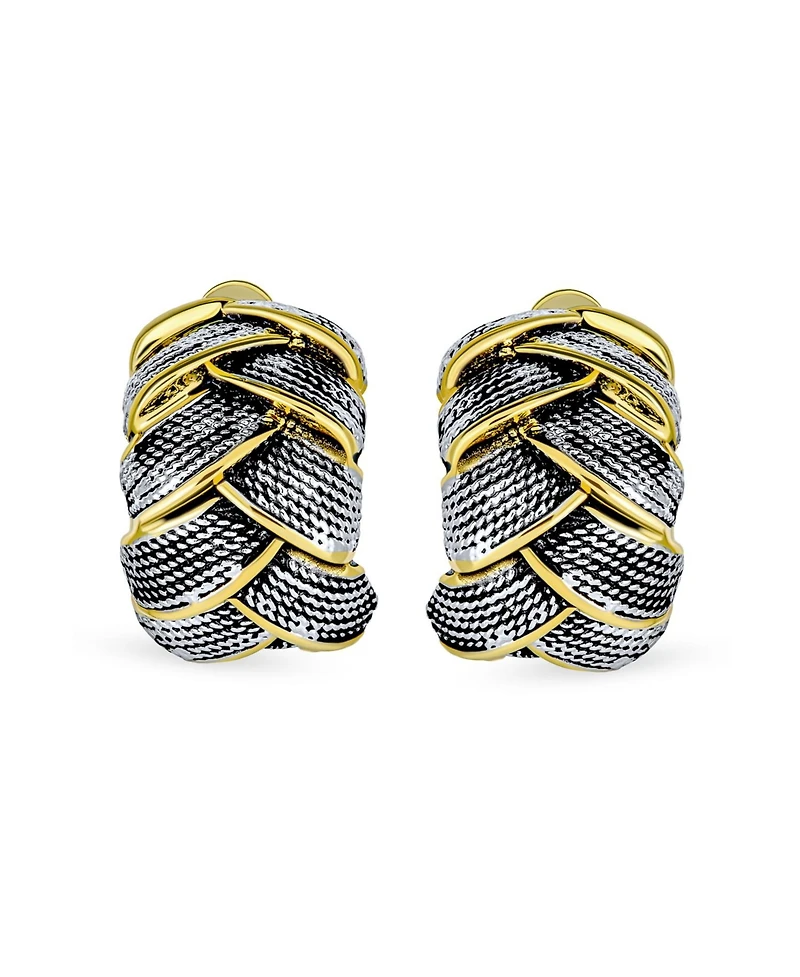 Bling Jewelry Half Hoop Shrimp Style Two Tone Woven Cable Braided Dome Weave Clip On Earrings Non Pierced Ears Oxidized Silver Gold Plated Brass