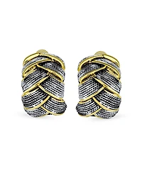 Bling Jewelry Half Hoop Shrimp Style Two Tone Woven Cable Braided Dome Weave Clip On Earrings Non Pierced Ears Oxidized Silver Gold Plated Brass