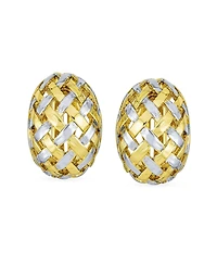 Bling Jewelry Half Hoop Shrimp Style Woven Braided Dome Two Tone Open Basket Weave Clip On Earrings Button Style Non Pierced Ears Silver Gold Plated B