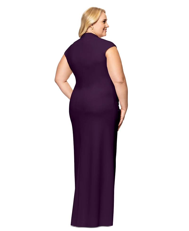Betsy & Adam Plus Size Cascading Ruffle Wrap Gown