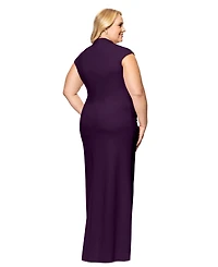 Betsy & Adam Plus Size Cascading Ruffle Wrap Gown