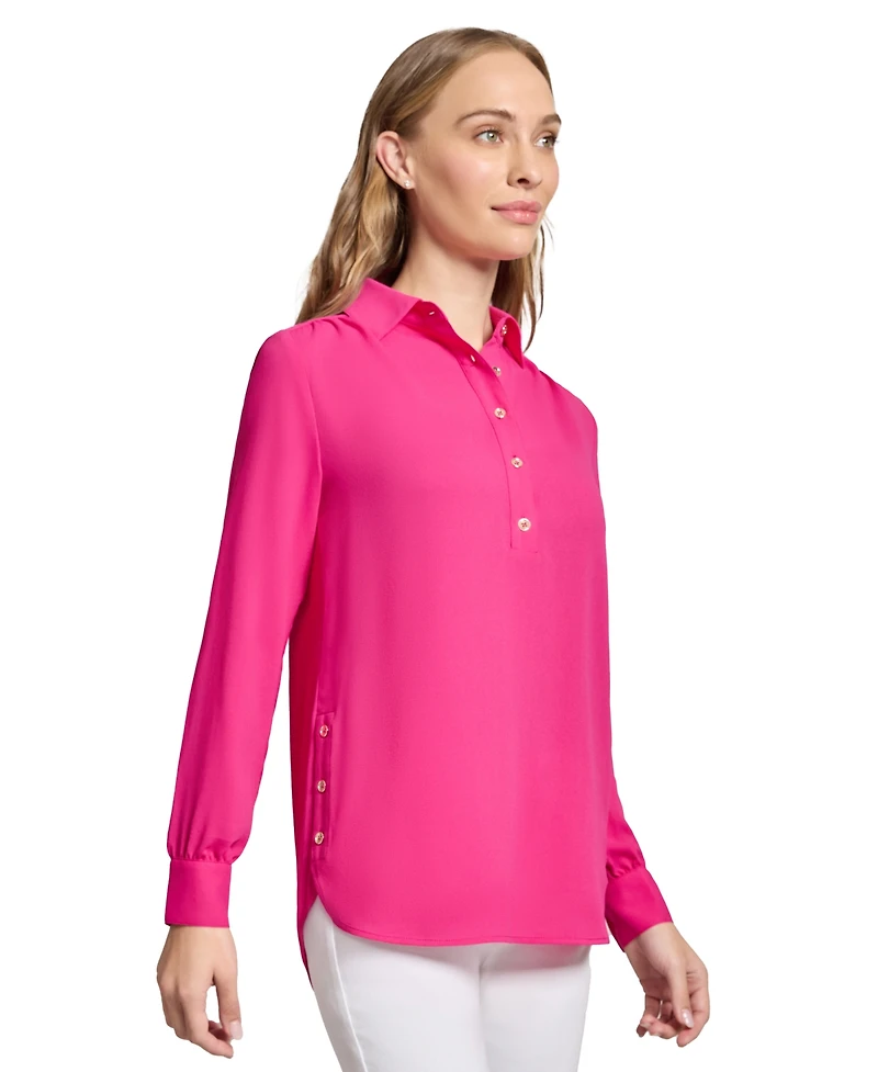 Long Sleeve Shirttail Side Button Popover Tunic