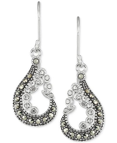 Marcasite & Crystal Pear-Shape Drop Earrings in Sterling Silver