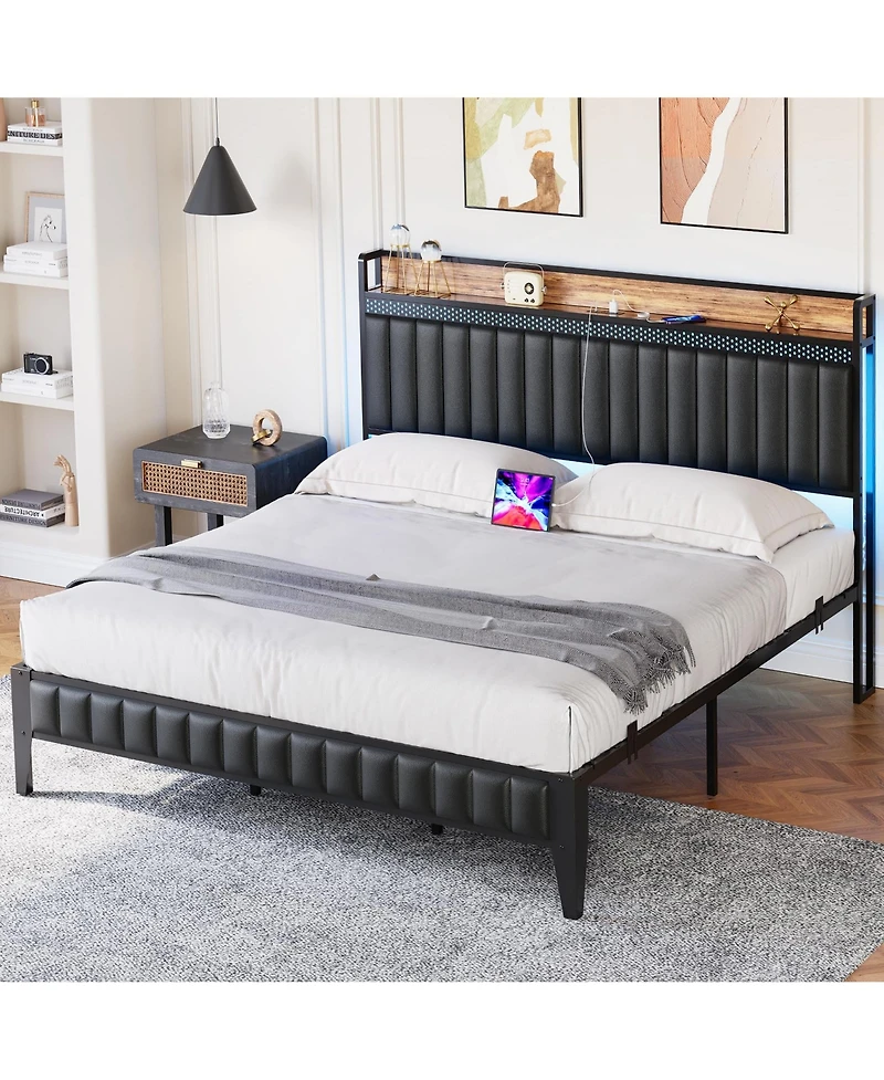 gaomon Queen Bed Frame with Charging Station, Led Bed Frame with Storage Headboard, Upholstered Platform Bed Frame