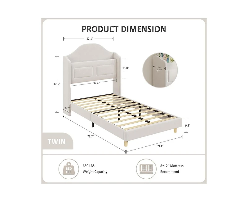 gaomon Upholstered Twin Bed Frame with Led Lights, Velvet Platform Bed Frame with Wing Back Storage Headboard, Wood Slats Support