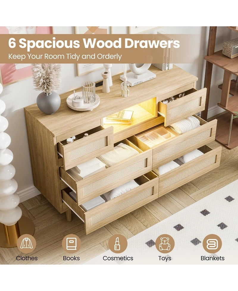 gaomon Natural Rattan Dresser for Bedroom with Led light and Charging Station