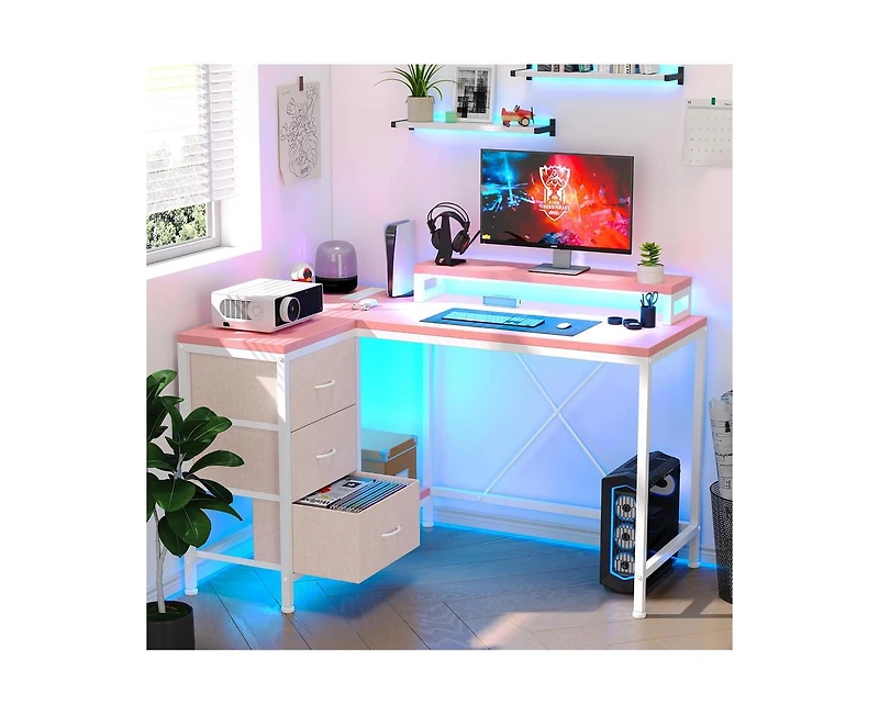 gaomon L Shaped Desk with Power Outlets & Led Lights, Computer Desk with Drawers & Shelves