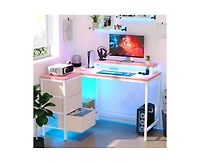 gaomon L Shaped Desk with Power Outlets & Led Lights, Computer Desk with Drawers & Shelves