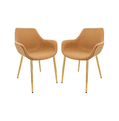 LeisureMod Markley Modern Leather Dining Arm Chair With Gold Metal Legs Set of 2