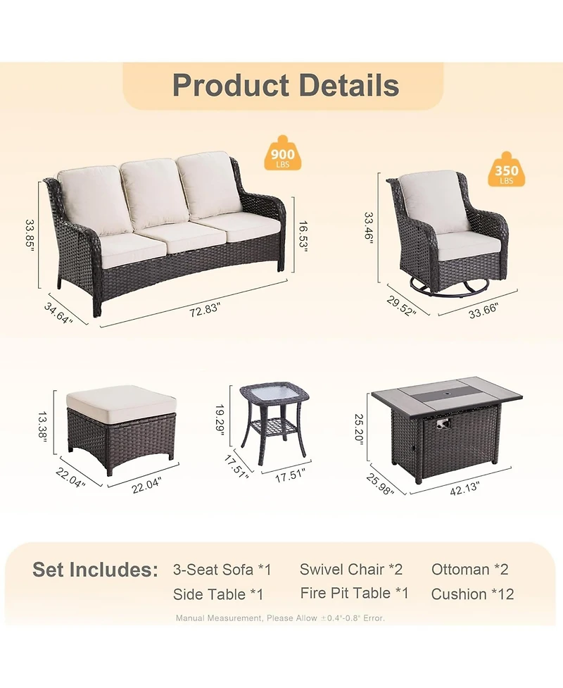 Xizzi Outdoor Swivel Rocking Chairs Set, Patio Furniture Set with 50,000 Btu Rectangular Propane Fire Pit Table, 7 Pieces High Back Conversation Sofa