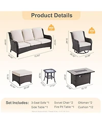 Xizzi Outdoor Swivel Rocking Chairs Set, Patio Furniture Set with 50,000 Btu Rectangular Propane Fire Pit Table, 7 Pieces High Back Conversation Sofa