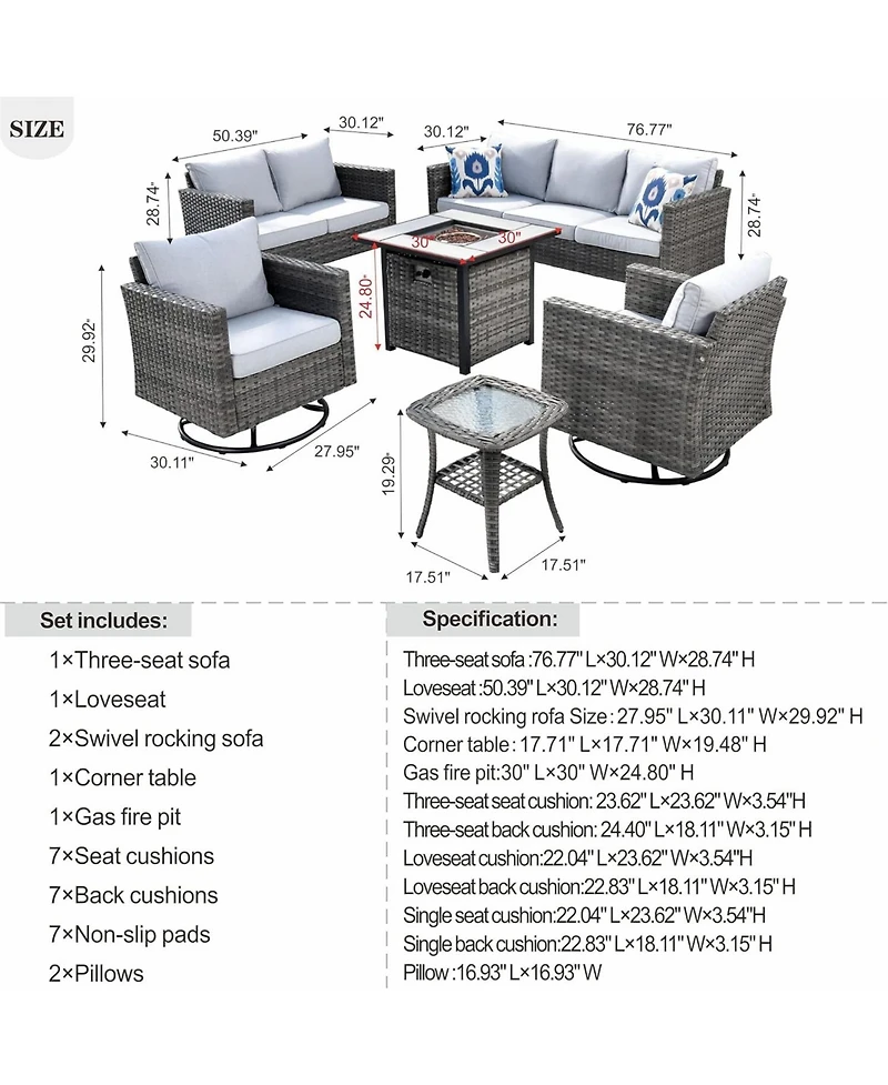 Xizzi Patio Furniture Set 6 Piece Outdoor Sectional Sofa with Rocking Swivel Chairs Square Fire Pit Table Loveseat All Weather Wicker Rattan Conve