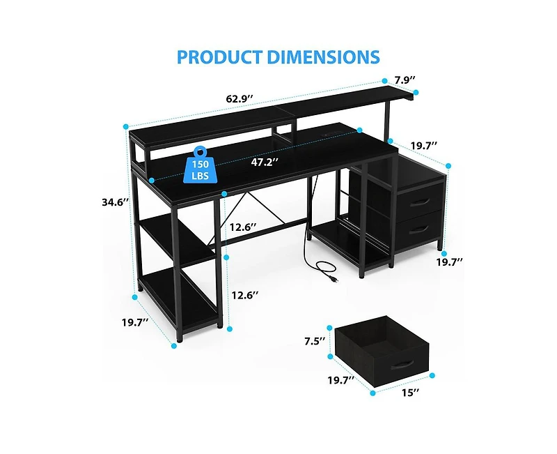gaomon Computer Desk 63" with File Drawer, Gaming Desk with Led Light & Power Outlets, Home Office Desk with Printer Space