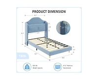 gaomon Upholstered Twin Bed Frame with Led Lights, Velvet Platform Bed Frame with Wing Back Storage Headboard, Wood Slats Support