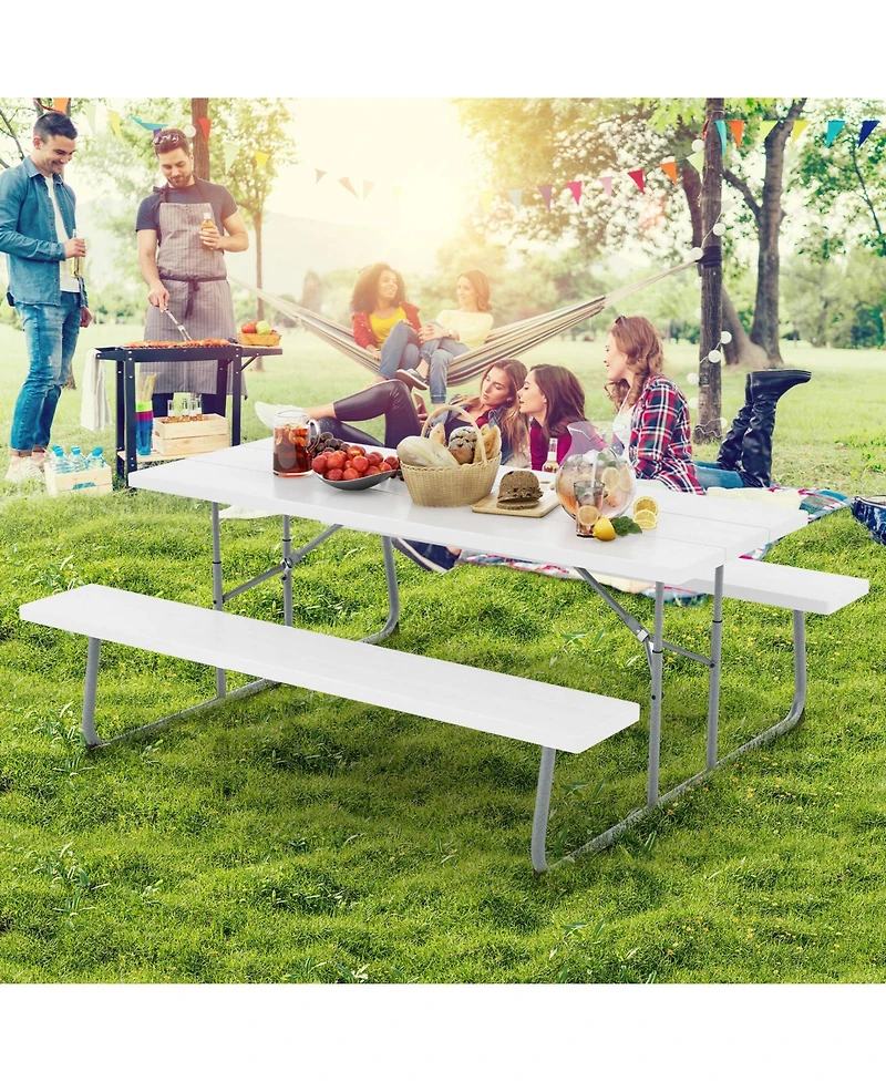 Folding Picnic Table Set with Metal Frame and All-Weather Hdpe Tabletop, Umbrella Hole