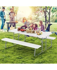 Folding Picnic Table Set with Metal Frame and All-Weather Hdpe Tabletop, Umbrella Hole