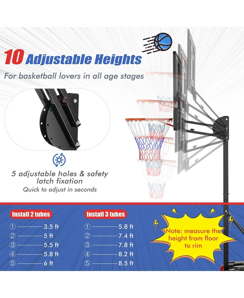 Kuyotq Basketball Hoop with 5-10 Feet Adjustable Height for Indoor Outdoor