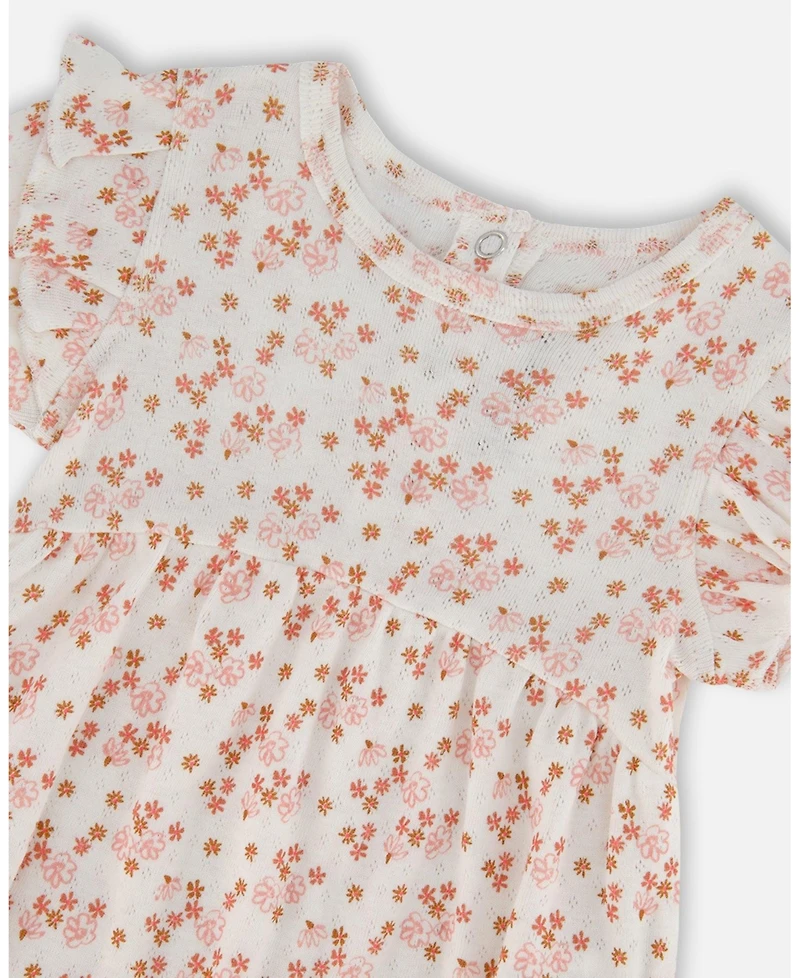 Deux par Deux Baby Girls Cotton Pointelle Romper With Frills Printed White And Pink Flowers