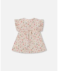 Deux par Deux Toddler Girls Printed Seersucker Blouse With Frills Pink Flowers On Cream Background - Toddler|Child