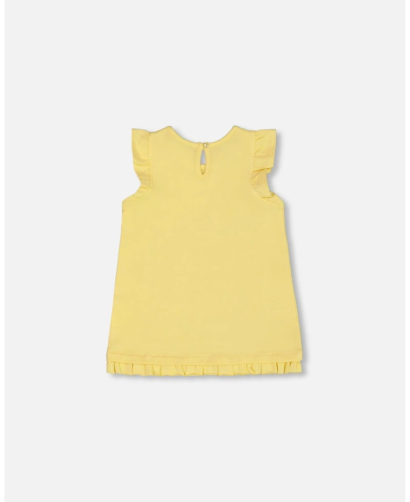 Deux par Deux Toddler Girls Cotton Tunic With Frill And Print Yellow And Flamingo - Toddler|Child