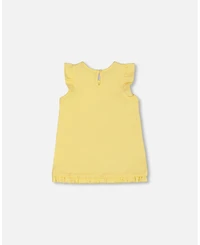 Deux par Deux Toddler Girls Cotton Tunic With Frill And Print Yellow And Flamingo - Toddler|Child