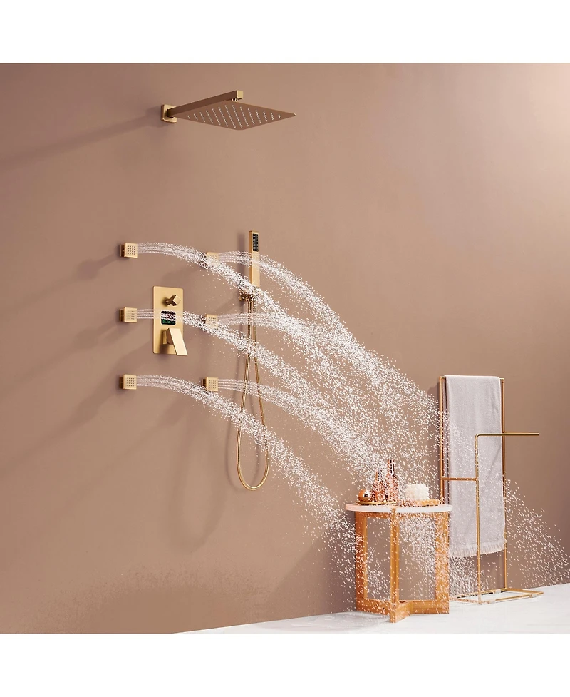 Brushed Gold Wall Mount Thermostatic Rain Shower System with Handheld Shower Shower System with Side Body Jets and Digital Display
