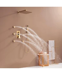 Brushed Gold Wall Mount Thermostatic Rain Shower System with Handheld Shower Shower System with Side Body Jets and Digital Display