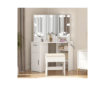 gaomon Corner Vanity Mirror with Lights and Table Set & Power Outlet, Makeup Vanity Table with Lights with 2 Drawers & Stool, 3 Ligthing Color Vanity