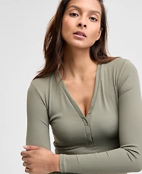 And Now This Women's Ribbed Henley-Neck Long-Sleeve Top, Created for Macy's